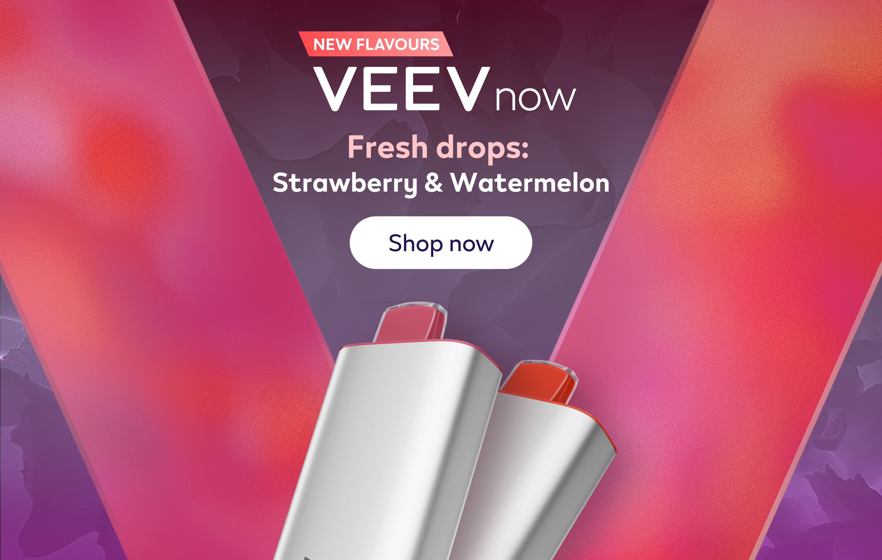 Two VEEV NOW 18 mL devices on a pink V and purple background.